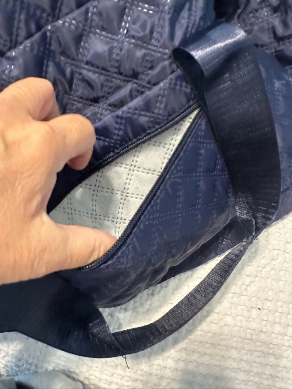 Quilted Navy Fashion Travel Duffel Bag - with multiple zippered compartments New